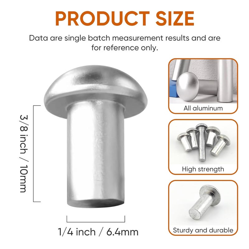 ALLCLEAN 1/4" Diameter X 3/8" Length Solid Aluminum Brazier Head Rivets,Aluminum Boat Rivets,Round/Dome Head Rivet,Pack of 150 - Image 2